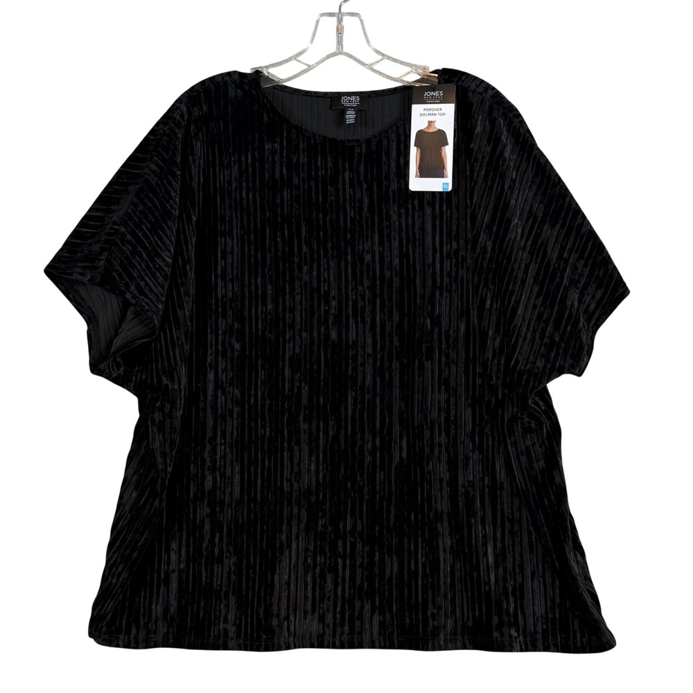 NWT Jones New‎ York Signature Black Crushed Velvet Pleated Dolman Popover Top XL